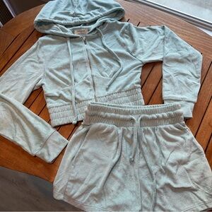 Zenana Outfitters Sky Blue Apparel matching set cropped hoodie and shorts